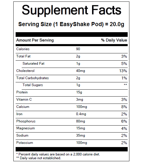 EasyShake Protein Shake Pod nutrition information per each serving
